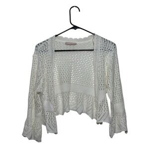Sweet Kizz Opened Front Bell Sleeve White Knit Cropped Cardigan Women's SZ Large